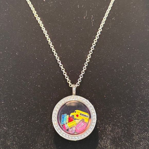 Origami Owl Living Locket TEACHER NECKLACE Bus Apple Books Two-Tone 22" Chain - Picture 3 of 11